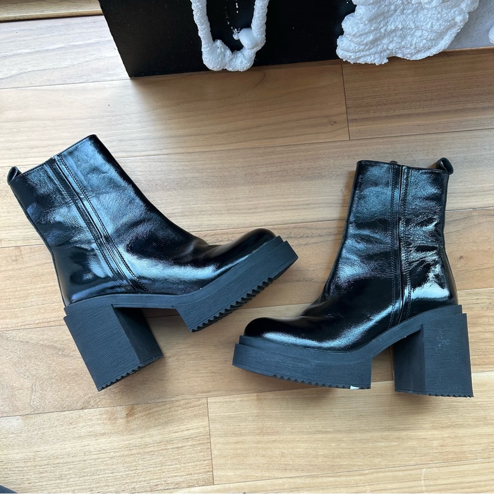 Black Chunky Block Platform Heel Moto Boots in Patent Vegan Leather